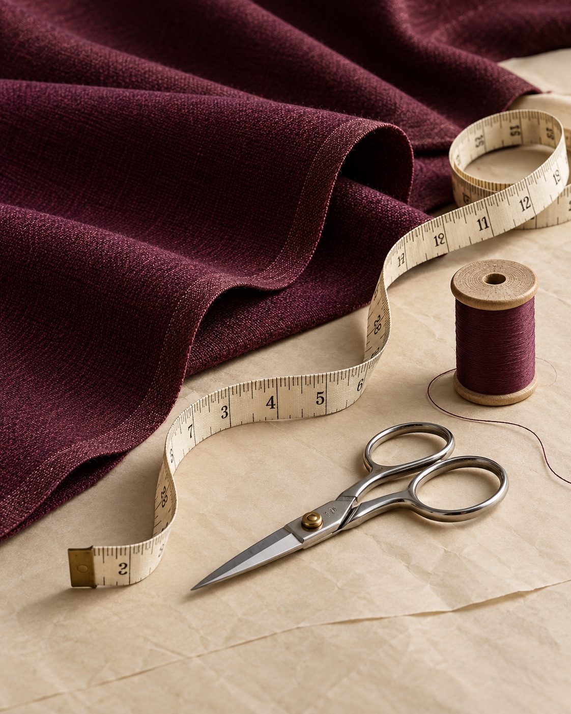 Illustrative study of plum fabric, a tape measure, thread and dressmaking shears